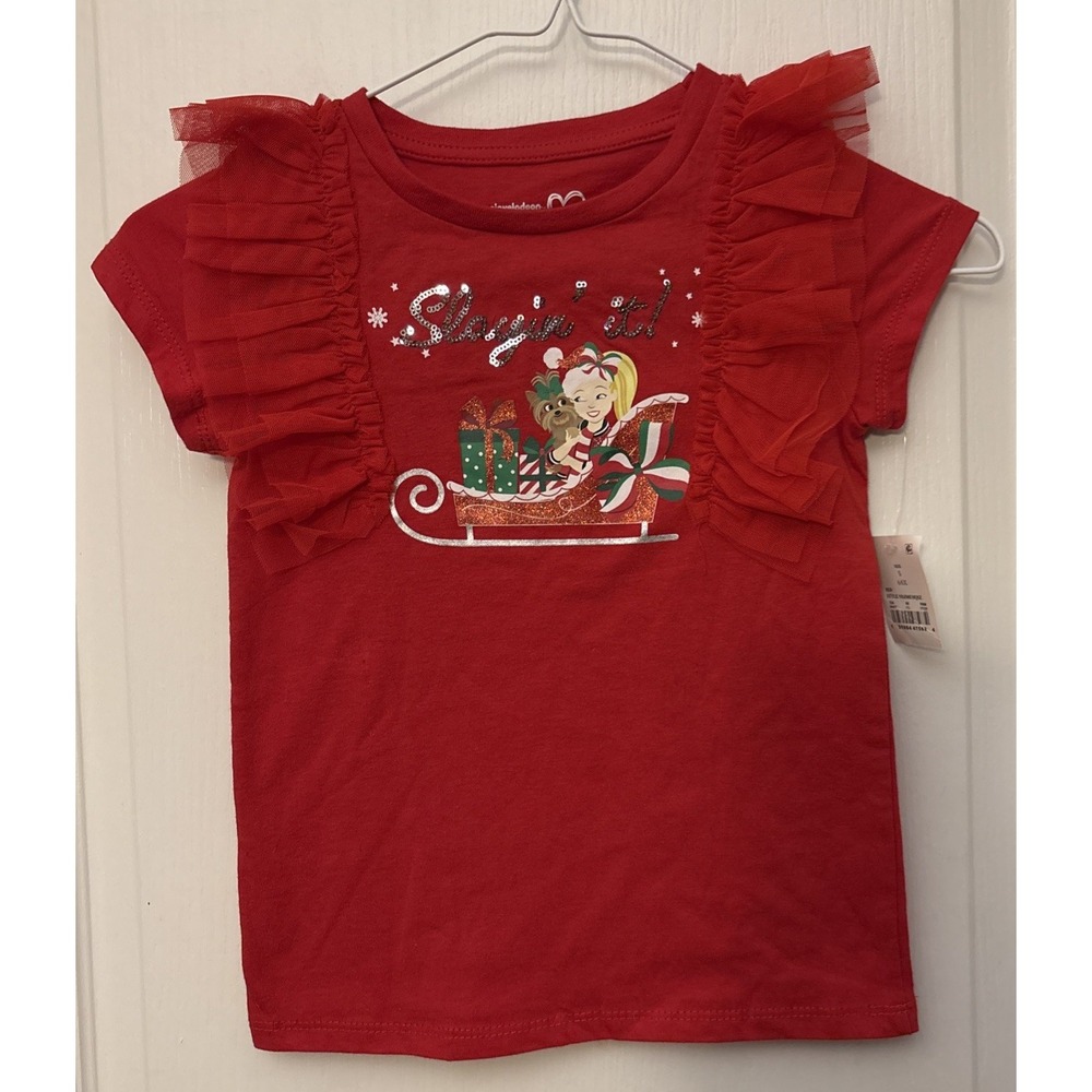 New‎ JoJo Siwa Red Christmas Graphic Shirt Tulle Sleeve Slayin It Small  (6/6X)